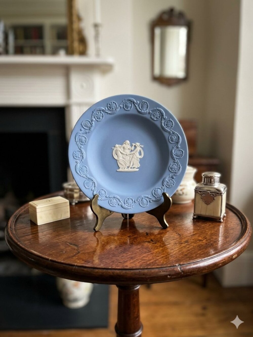 Wedgwood Blue Jasperware Small Round Plate with White Motif - The Three Graces